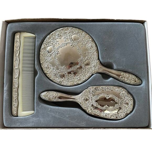 Vintage Silver Plated Vanity Set Three Piece Mirror Brush Comb Bridal Ornate - Picture 1 of 11